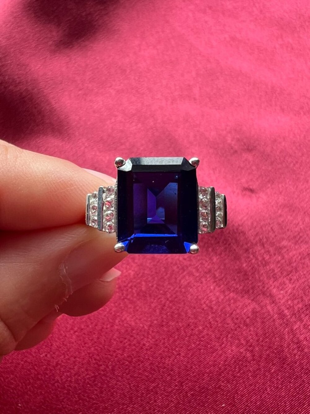 925 Sterling Silver Statement Cocktail Ring with Square Blue Stone and CZs